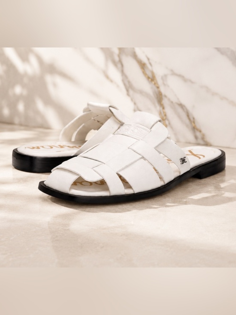 Sam Edelman Dina Fisherman Mule Slides White Leather Woven Sandals Size 8 NIB